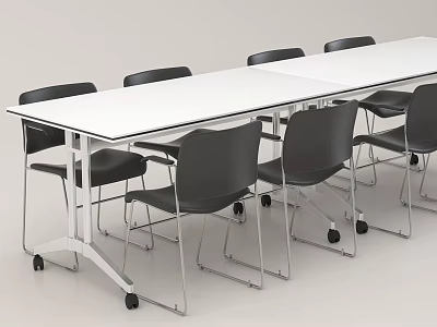 Long White Office Desk With Black Rolling Chairs For Meeting Room 3d model