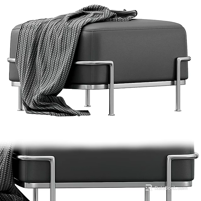 Modern Black Leather Sofa Bench With Metal Frame And Gray Blanket 3d model 