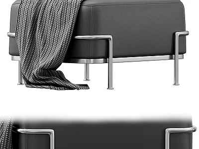Modern Black Leather Sofa Bench With Metal Frame And Gray Blanket 3d model