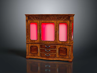 Antique Wooden Cabinet With Carved Design Glass Doors And Pink Interior Drawers 3d model