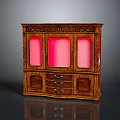 Antique Wooden Cabinet With Carved Design Glass Doors And Pink Interior Drawers