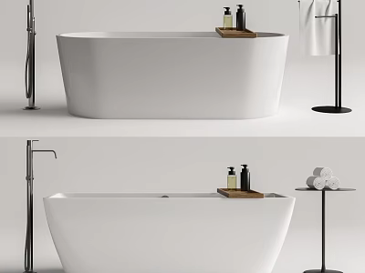 Modern White Freestanding Bathtub With Shower Faucet Wooden Tray And Towel Rack 3d model