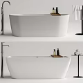 Modern White Freestanding Bathtub With Shower Faucet Wooden Tray And Towel Rack