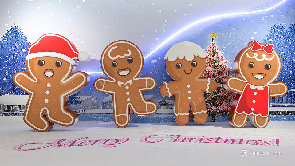 Cheerful Christmas Photo Spot With Gingerbread Men Christmas Tree And Neon Lights 3d model 