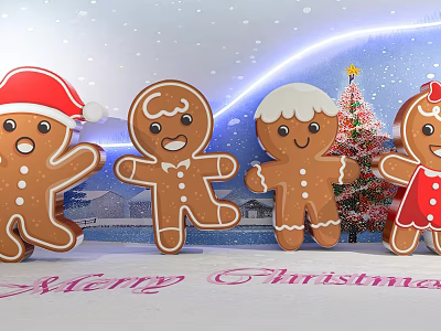 Cheerful Christmas Photo Spot With Gingerbread Men Christmas Tree And Neon Lights 3d model