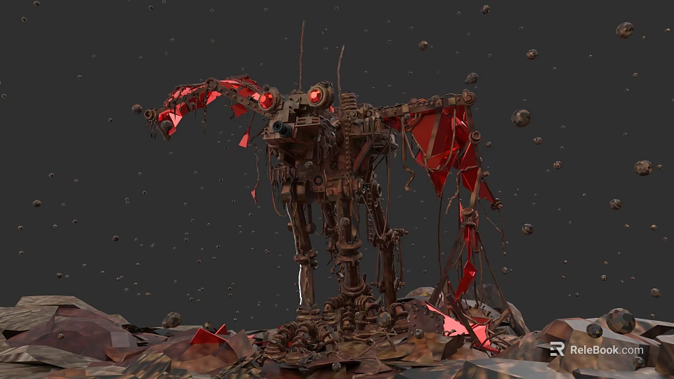Game Movie Character With Mechanical Structure Red Components Red Eye And Debris In Dark Background 3d model 