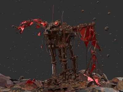 Game Movie Character With Mechanical Structure Red Components Red Eye And Debris In Dark Background 3d model