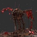 Game Movie Character With Mechanical Structure Red Components Red Eye And Debris In Dark Background