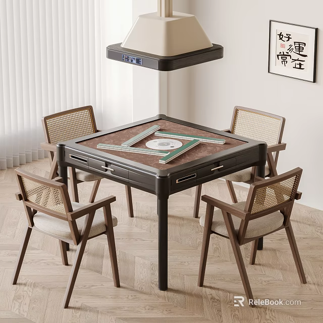 Dark Wooden Square Mahjong Table With Rattan Back Chairs Set For Living Room 3d model 