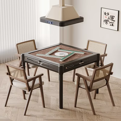 Dark Wooden Square Mahjong Table With Rattan Back Chairs Set For Living Room 3d model