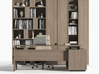 Modern Wooden Office Desk With Computer Bookshelves Books And Decorative Items 3d model