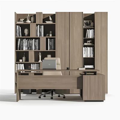 Modern Wooden Office Desk With Computer Bookshelves Books And Decorative Items 3d model