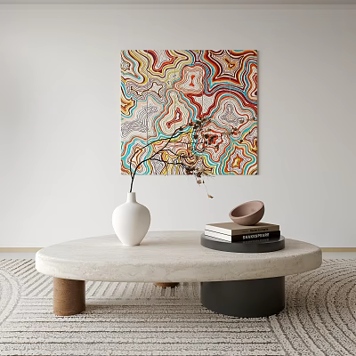 Stylish Coffee Table with White Vase Branches Books and Bowl Against Colorful Abstract Painting Background 3d model