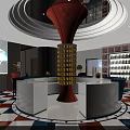 Modern Cinema Interior With Red Seats Round Tables Pendant Lights And Wooden Walls