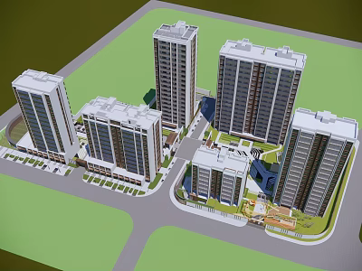 Modern High Rise Residential Complex With Green Areas And Road Network Design 3d model
