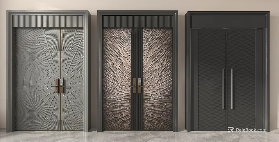 Three Modern Security Doors With Intricate Textured Metal Panels Gray Copper Black Finishes And Handles 3d model 