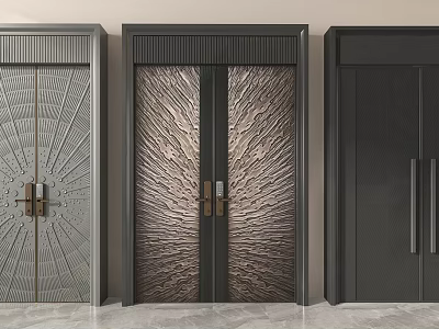 Three Modern Security Doors With Intricate Textured Metal Panels Gray Copper Black Finishes And Handles 3d model