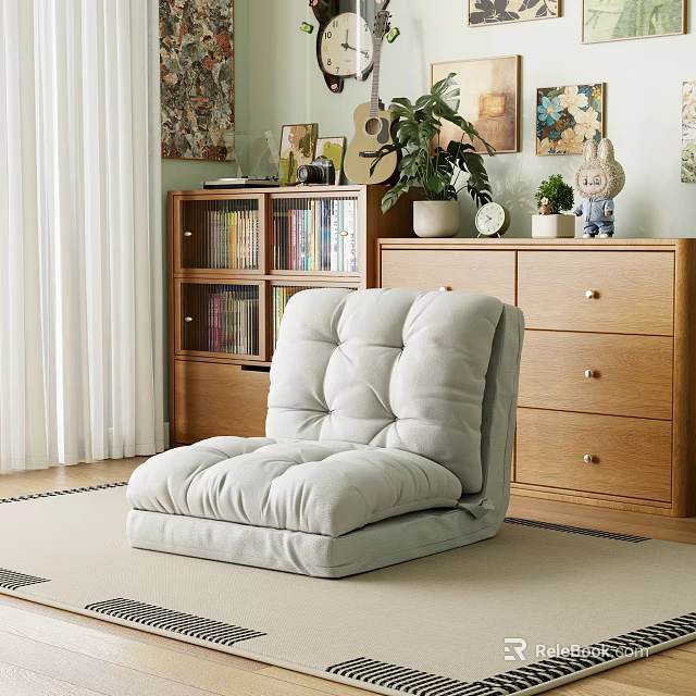Cozy Light Gray Leisure Chair In Room With Wooden Furniture Green Plants And Guitar 3d model 