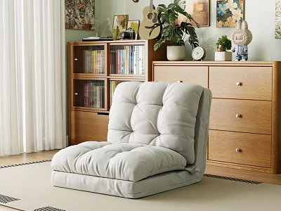 Cozy Light Gray Leisure Chair In Room With Wooden Furniture Green Plants And Guitar 3d model