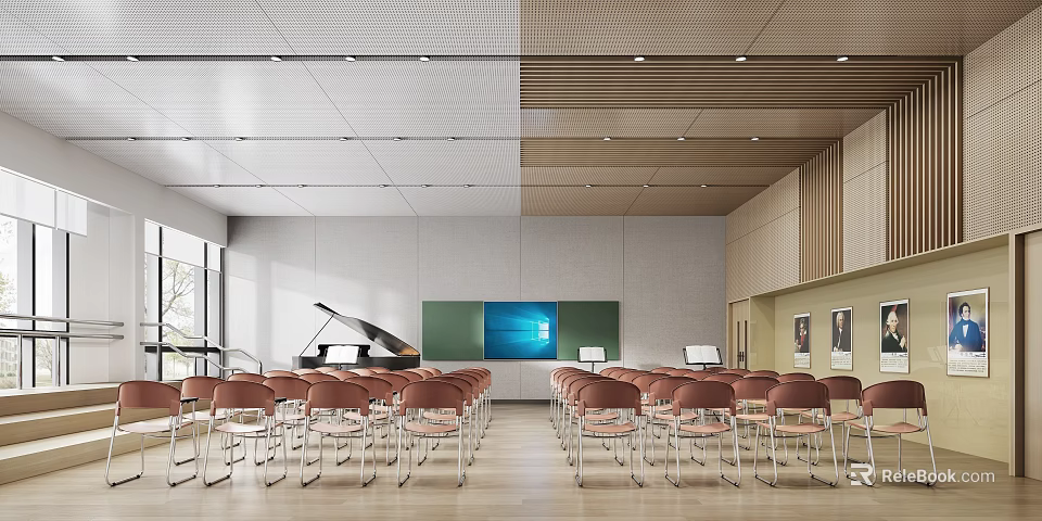 Book Art Classroom Interior With Piano Green Board And Red Chairs 3d model 
