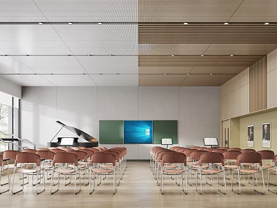 Book Art Classroom Interior With Piano Green Board And Red Chairs 3d model