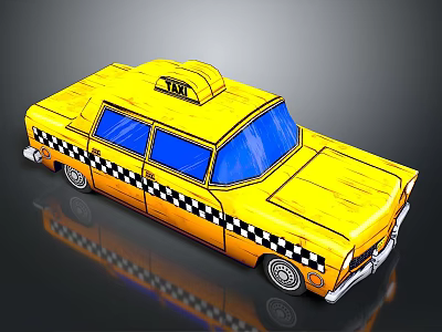 Vintage Yellow Taxi with Taxi Sign Black and White Checkered Stripes Blue Windows 3d model