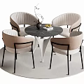 Dining Table Set with Round Marble Top Four Beige Upholstered Chairs and Decorative Vase