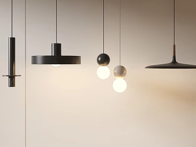 Modern Minimalist Hanging Pendant Lights With Black Circular Disc And Spherical Shapes 3d model