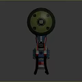 Green And Black Cylindrical Mechanical Device With Red Illuminated Lights And Pipes