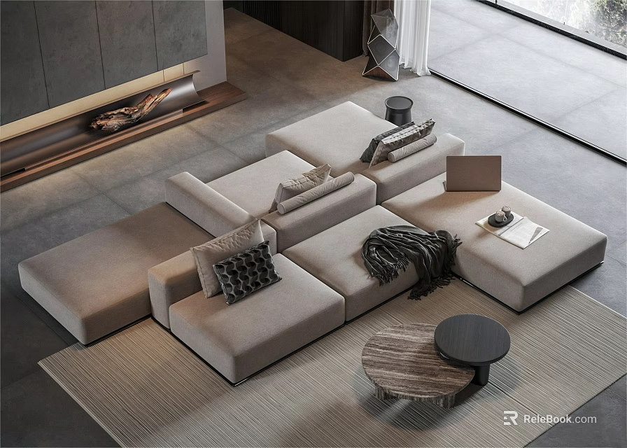 Modern Beige Sectional Sofa with Cushions Throw Blanket and Wooden Coffee Table in Living Room 3d model 