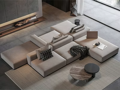 Modern Beige Sectional Sofa with Cushions Throw Blanket and Wooden Coffee Table in Living Room 3d model