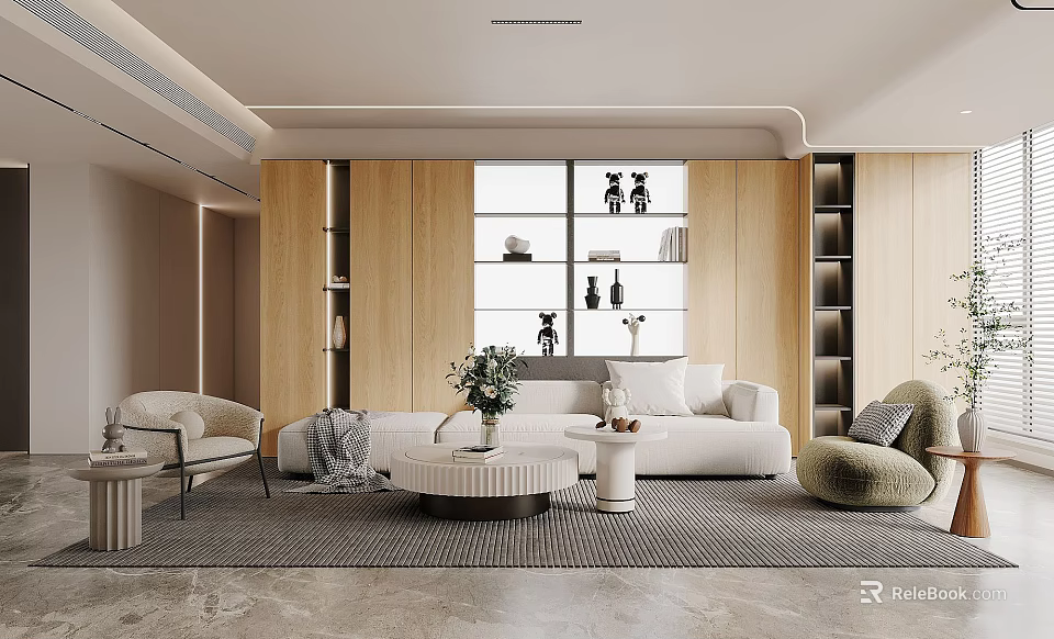 Modern Elegant Living Room Interior With Beige Sofa Round Coffee Table And Decorative Shelves 3d model 