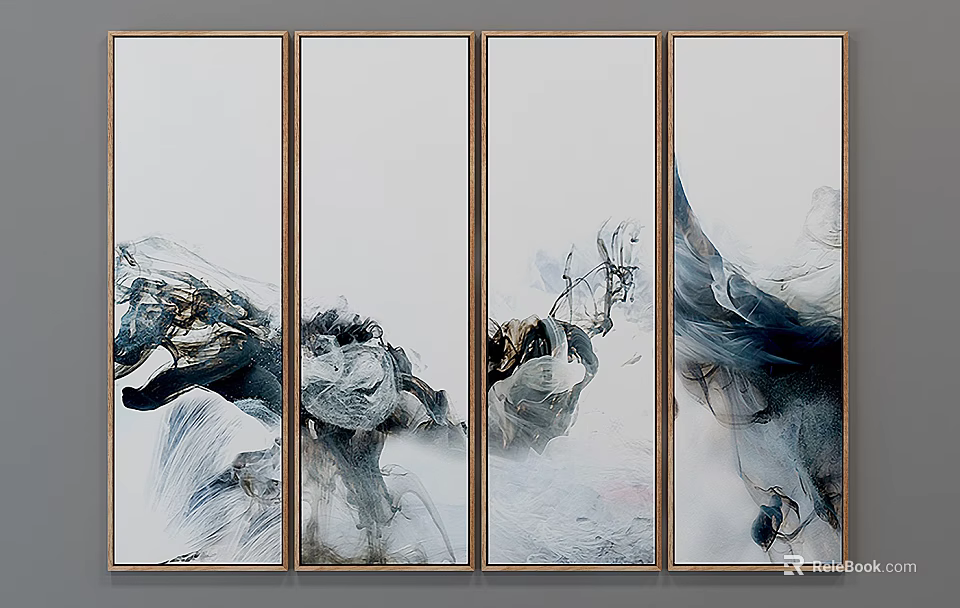 Modern Abstract Paintings With Four Panel Design And Monochrome Fluid Brushstrokes In Contemporary Style 3d model 