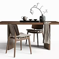 Minimalist Wooden Dining Table And Chairs Set With Teapot Bowls And Decorative Vase
