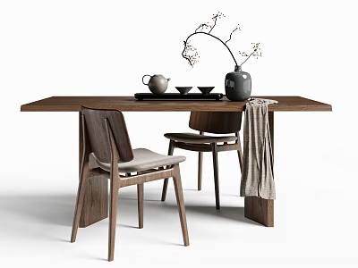 Minimalist Wooden Dining Table And Chairs Set With Teapot Bowls And Decorative Vase 3d model