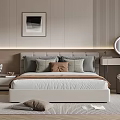 Modern Bedroom With Bed Pillows Bedside Table Framed Picture Dressing Table Round Mirror And Wardrobe