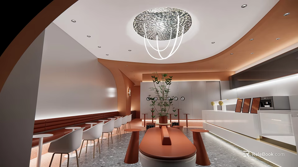 Modern Casual Lounge Area With Round Chandelier Curved Walls White Chairs And Green Plants 3d model 