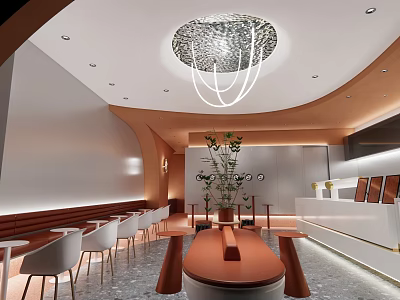 Modern Casual Lounge Area With Round Chandelier Curved Walls White Chairs And Green Plants 3d model
