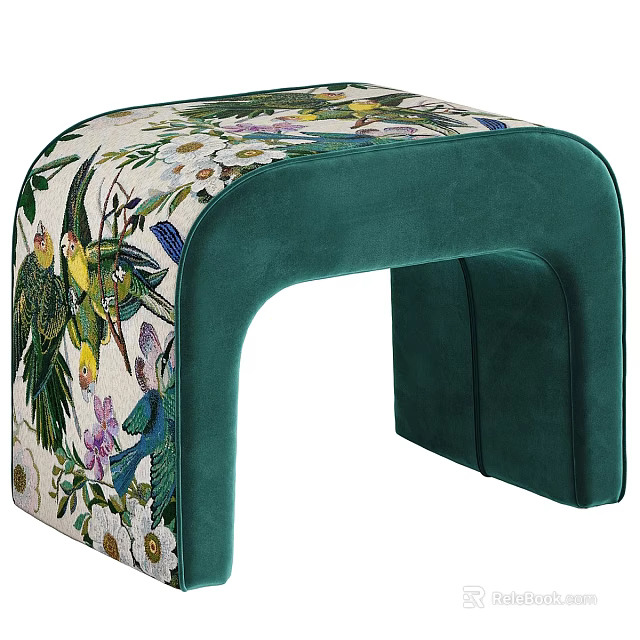 Decorative Sofa Stool with Colorful Parrot Floral Pattern and Green Velvet Frame 3d model 