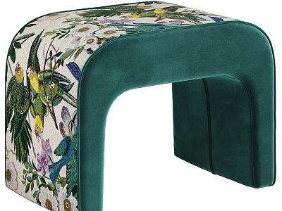 Decorative Sofa Stool with Colorful Parrot Floral Pattern and Green Velvet Frame 3d model