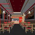 Red Themed Restaurant Interior With Wooden Tables Red Chairs And Food Posters