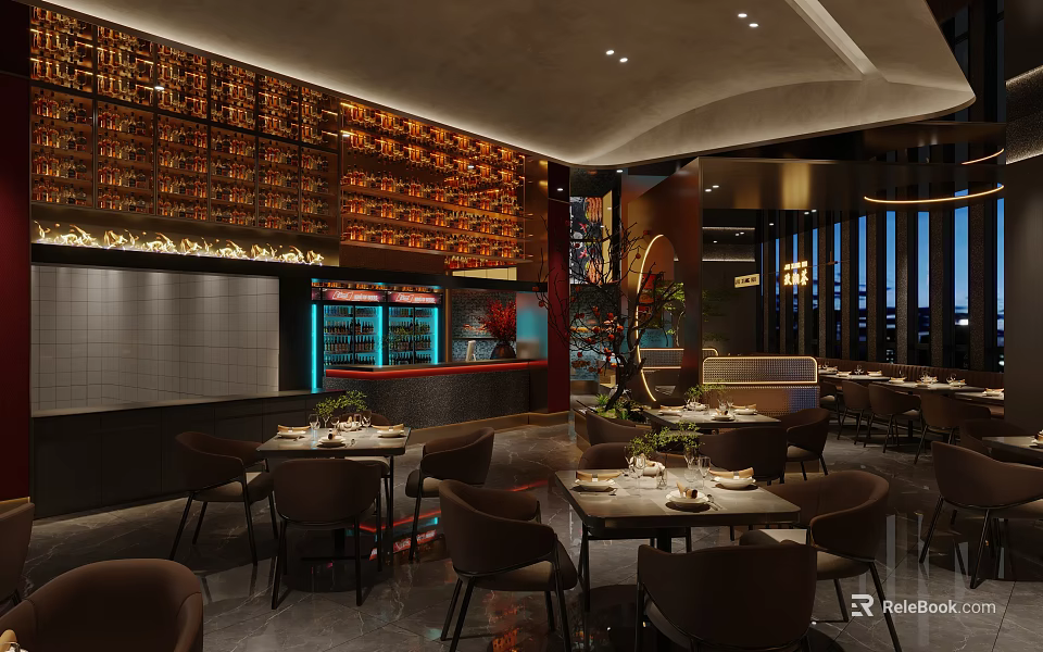 Elegant Modern Restaurant Interior With Dining Tables Chairs Wine Racks And Ambient Lighting 3d model 