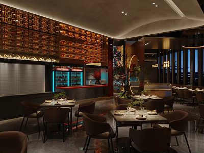 Elegant Modern Restaurant Interior With Dining Tables Chairs Wine Racks And Ambient Lighting 3d model