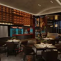Elegant Modern Restaurant Interior With Dining Tables Chairs Wine Racks And Ambient Lighting