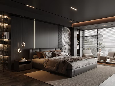 Modern Dark Bedroom Interior With Wooden Panel Wall King Size Bed Large Window And Armchair 3d model