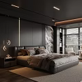 Modern Dark Bedroom Interior With Wooden Panel Wall King Size Bed Large Window And Armchair