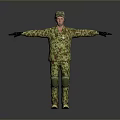 Man Wearing Camouflage Uniform Hat And Knee Pads Standing With Arms Outstretched On Grey Background