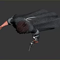 Man with red hair and red skin wearing black long coat gray pants silver boots holding gun in right hand green object in left hand gray background
