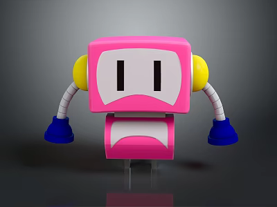 Cute Pink Cube Shaped Robot With Yellow Ears Blue Hands And White Facial Features 3d model