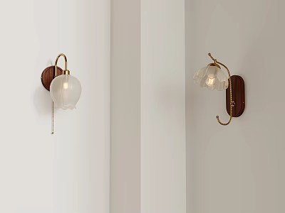 Elegant Modern Wall Lamps With Wooden Base Golden Bracket And Glass Shade 3d model
